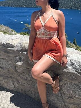 Coral Crochet Trim Halter Romper S